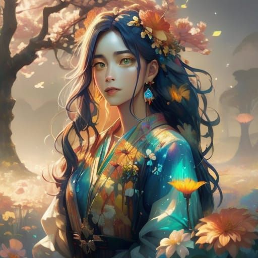 Woman in Ethereal Landscape with Glowing Flowers