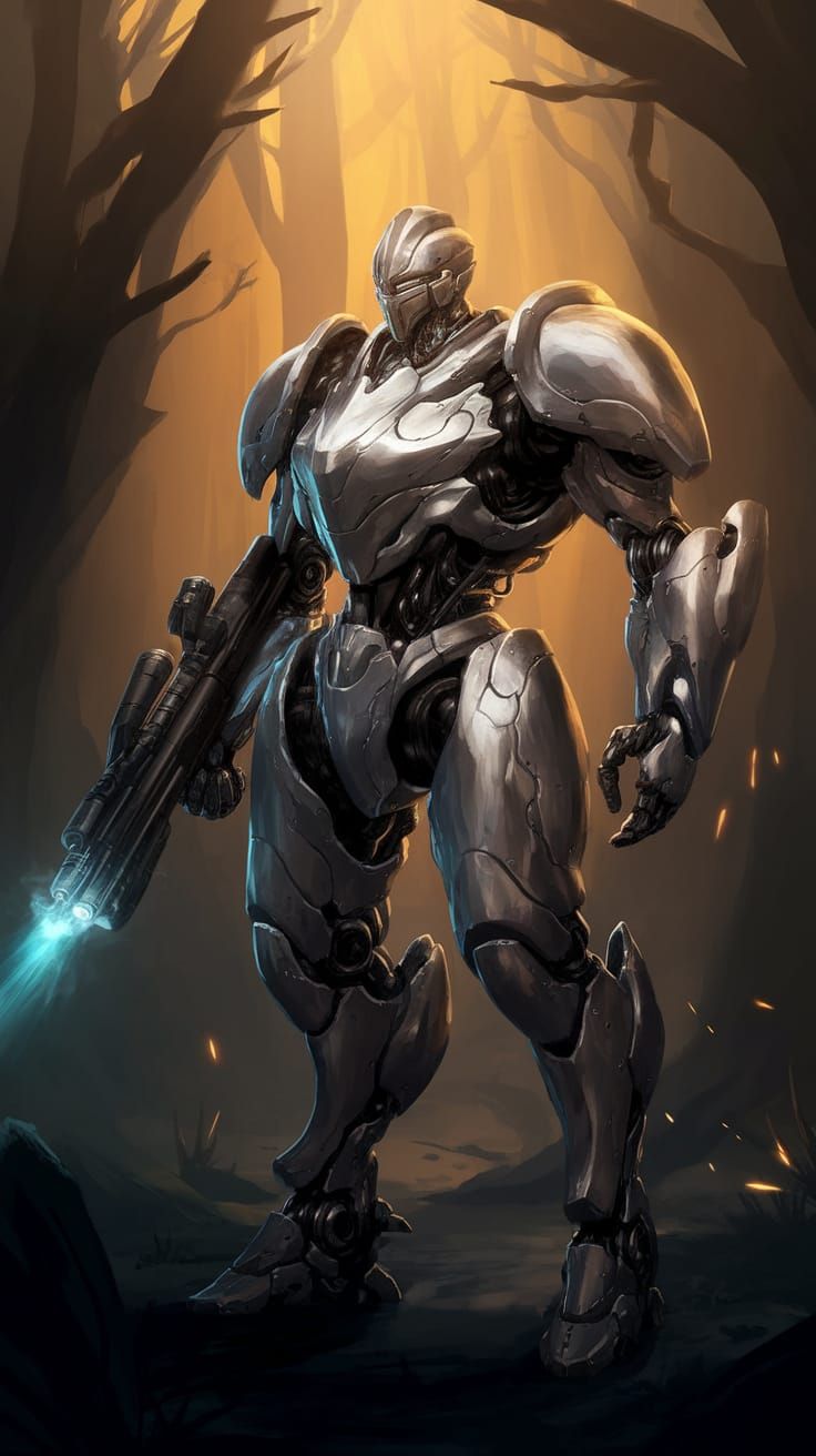 Cyberpunk Mech Knight in Futuristic Forest Stealth Mode