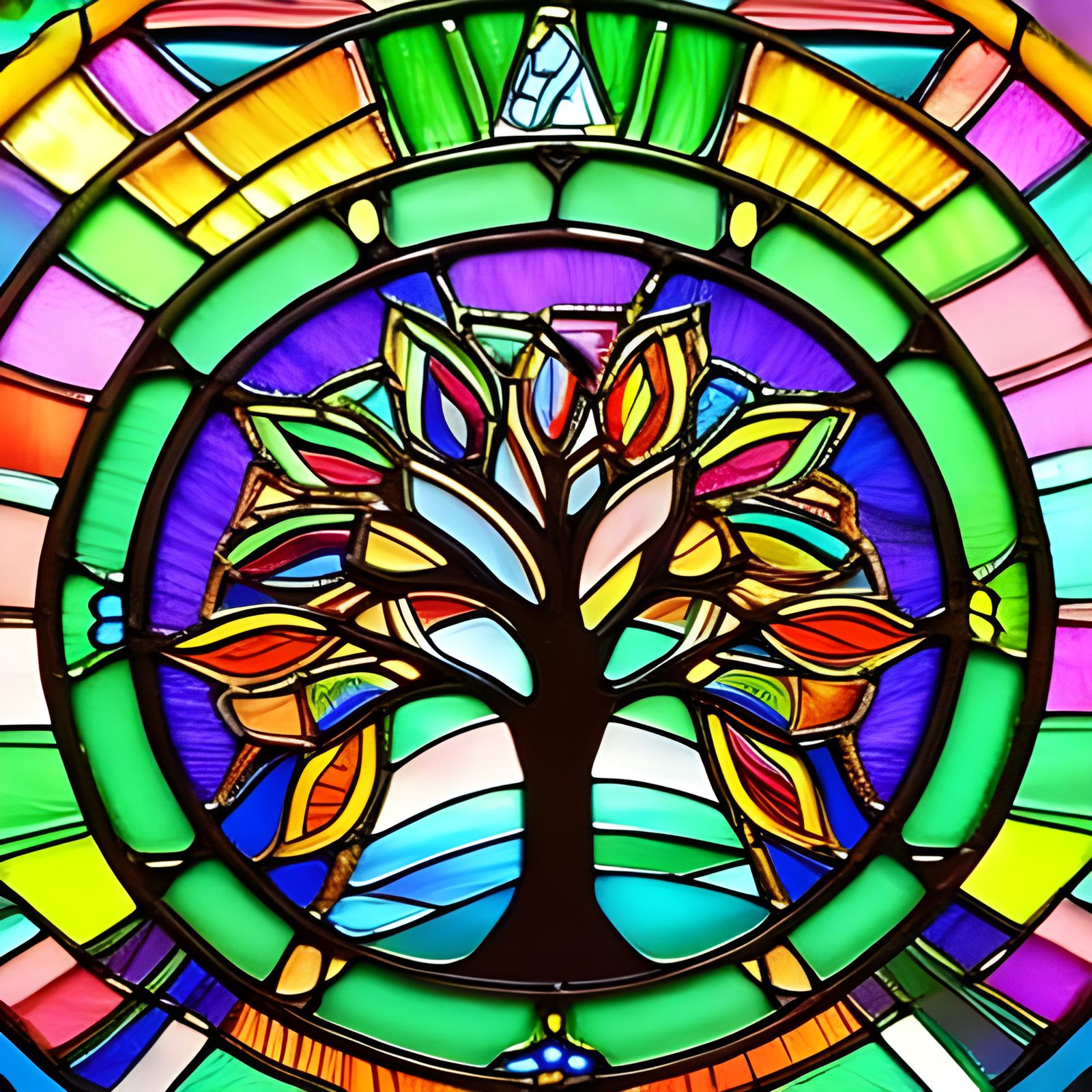 Vibrant Rainbow Stained Glass Tree of Life