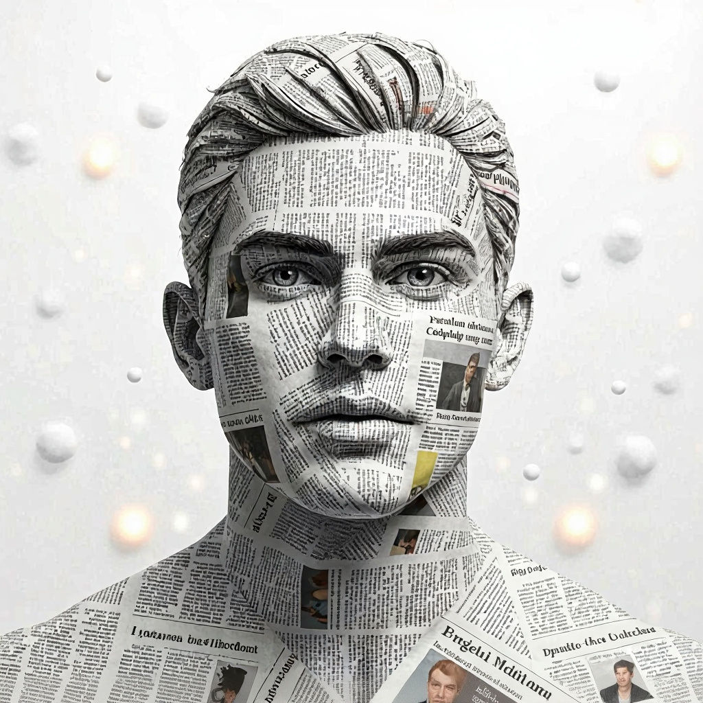 Newspaper Clipping Face in Surreal White Dreamscape