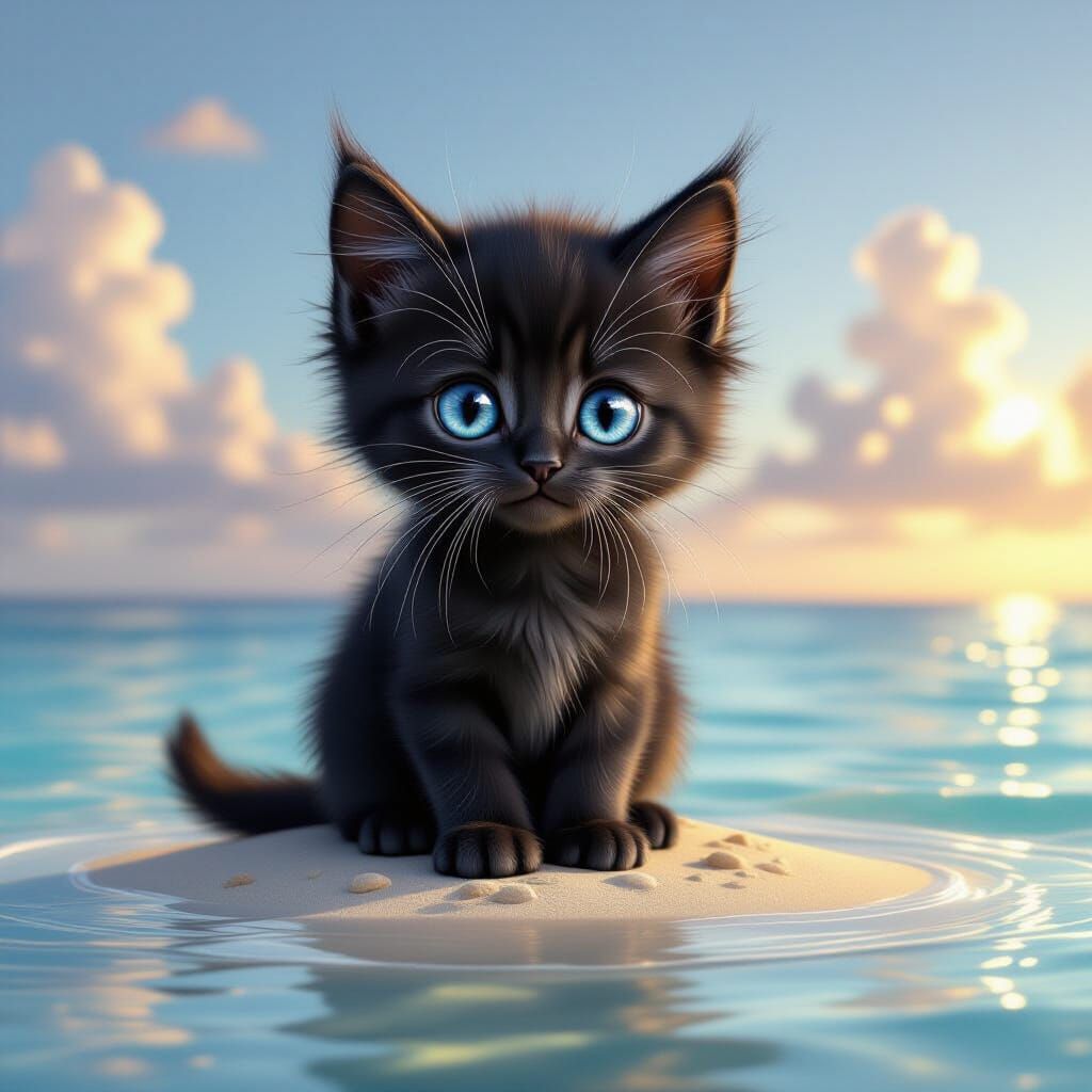 Black Kitten With Blue Eyes on Deserted Island