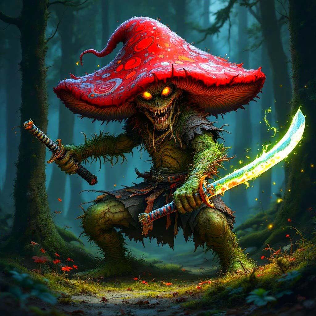 Mushroom Samurai Unleashes Fungal Fury in Dark Forest
