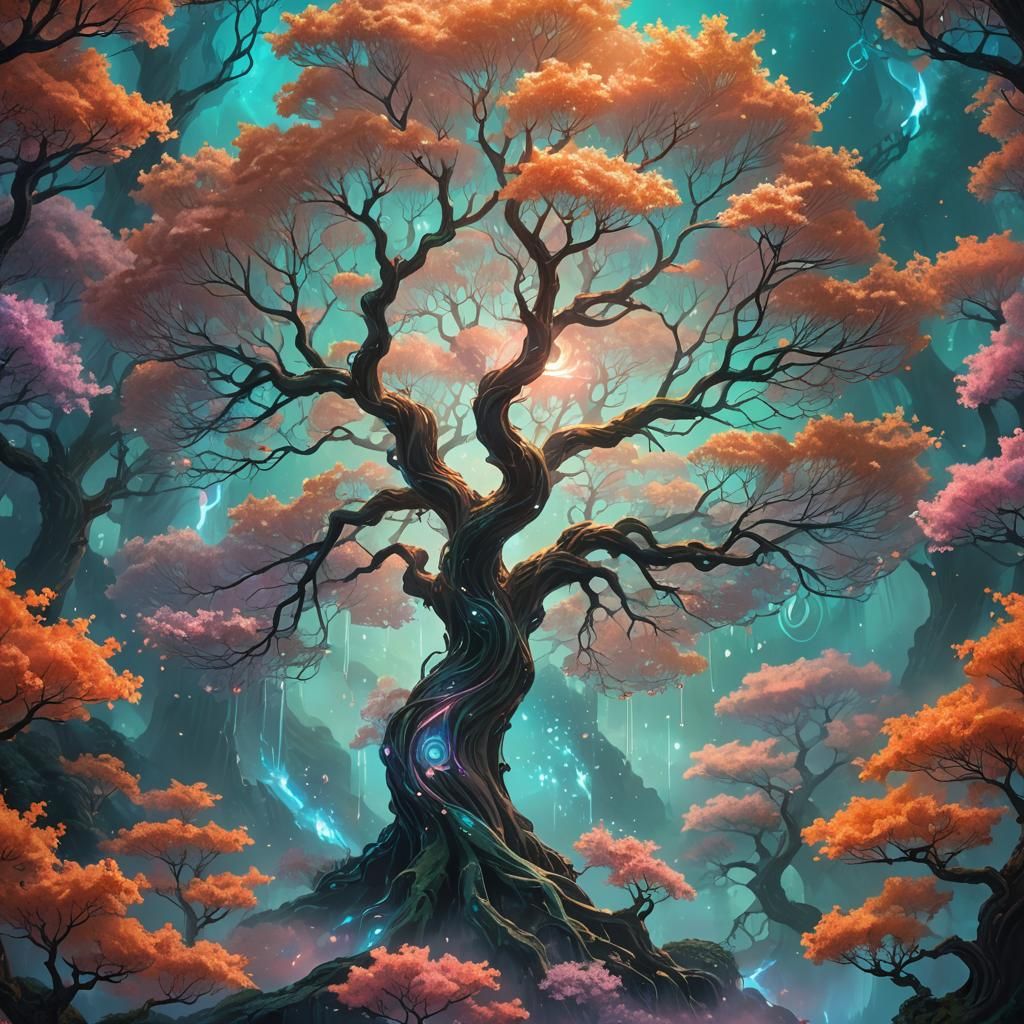 Majestic Glowing Tree in Iridescent Mist: Ethereal Concept A...