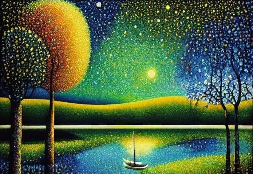 Frog Socialites Sailing: A Pointillist Painting