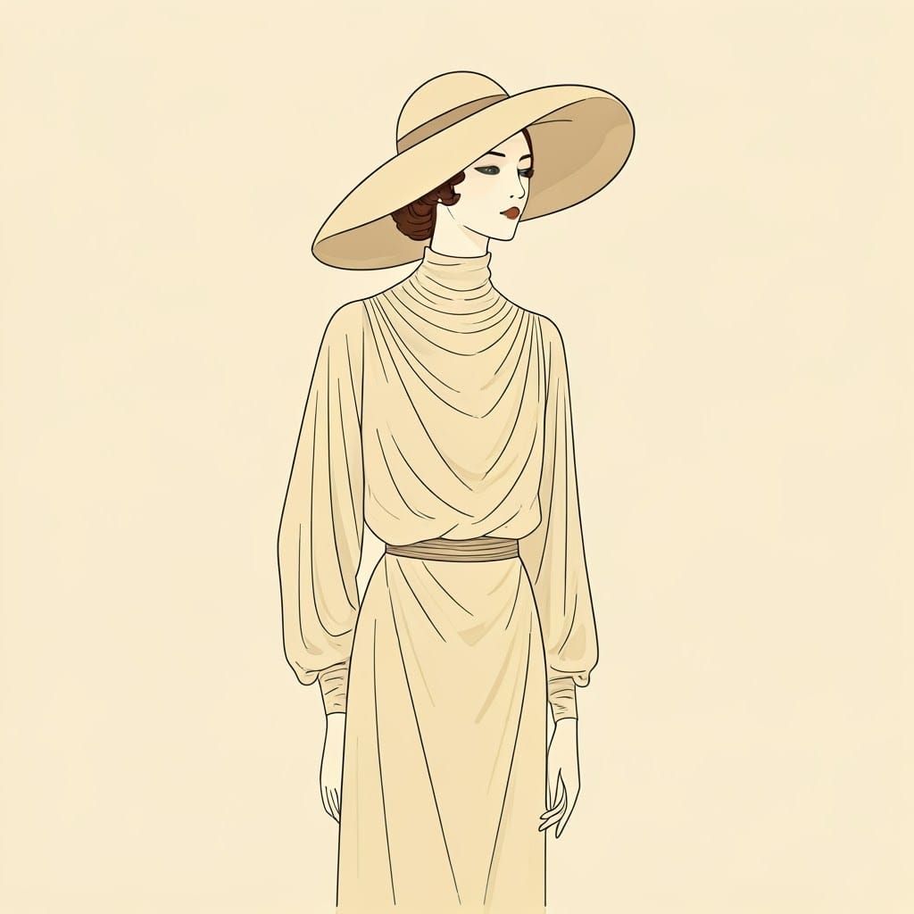 Woman in Elegant Hat, Simple Line Drawing Style