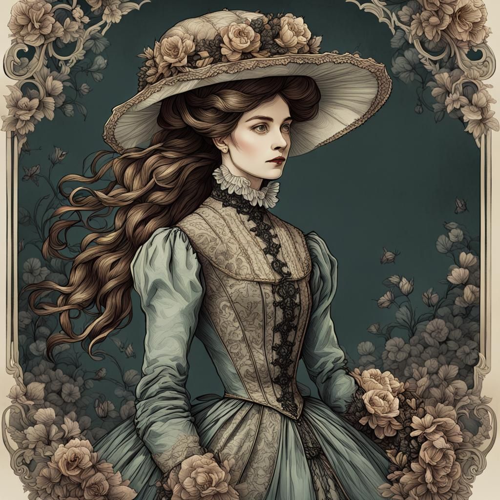 Victorian Lady Illustration in Arthur Rackham Style