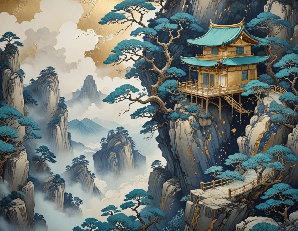 Adventurer's Leap: Ukiyo-e Meets Art Deco in a Canyon