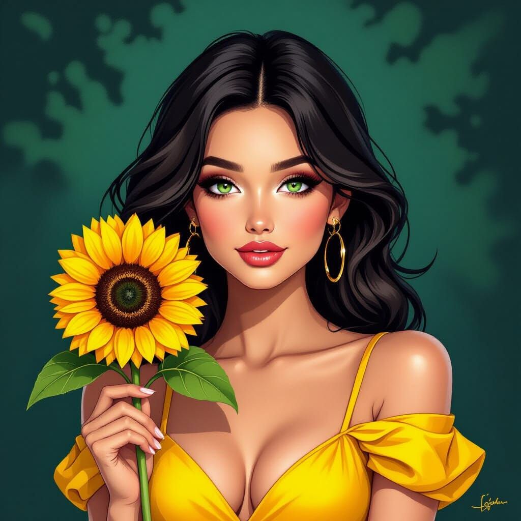 Woman with Sunflower in Vibrant Digital Art Style