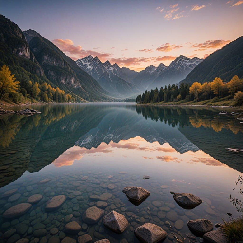 Mountains Reflected in Lake at Sunrise: Landscape Photograph...