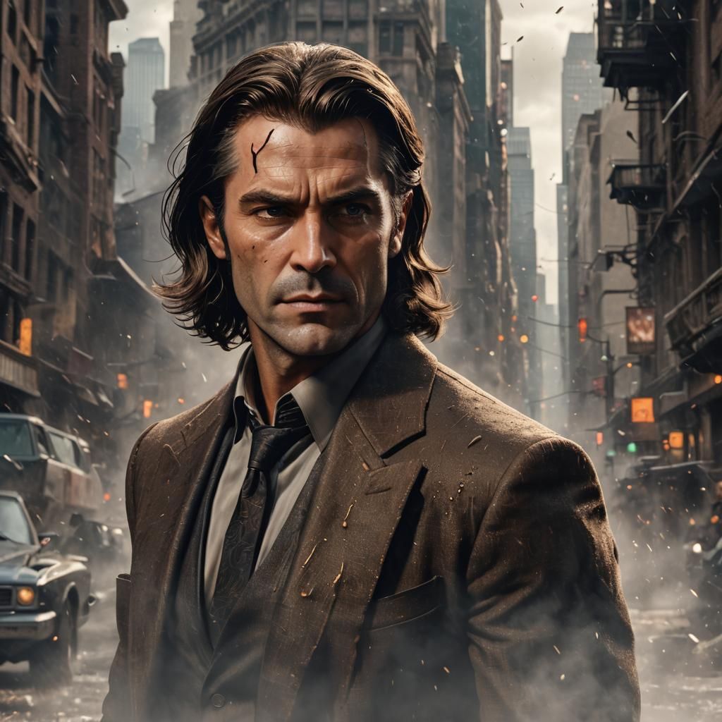 Unmasked Man with Flowing Hair in Detailed Matte Painting