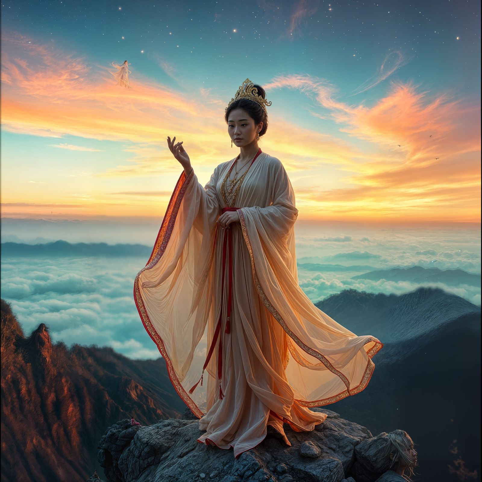 Celestial Asian Goddess in Acrylic Style