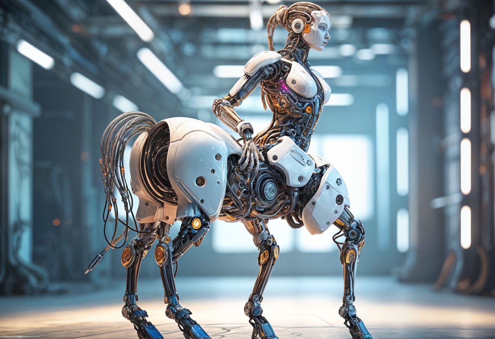 Cracked Porcelain Android Centaur in Cyberpunk Style
