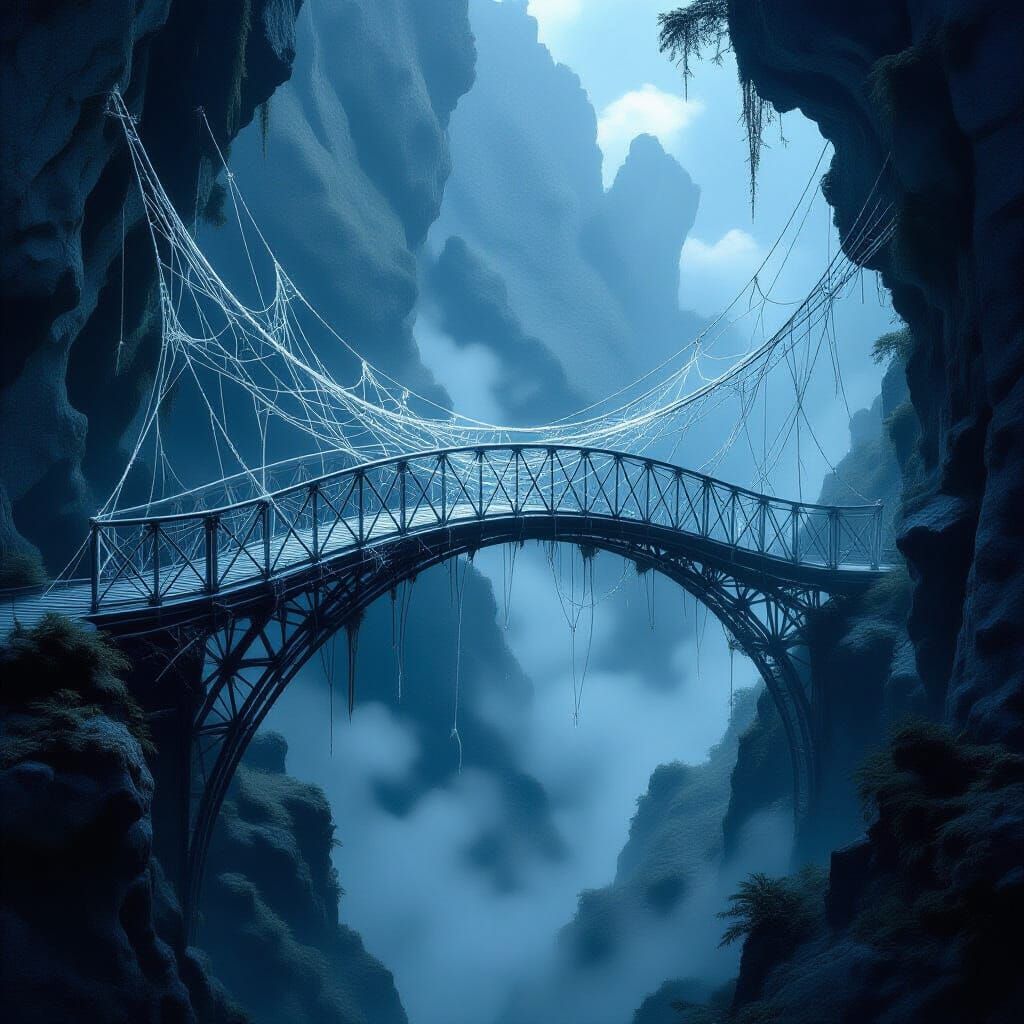 Ethereal Silver Spider Web Bridge in Surreal Digital Art