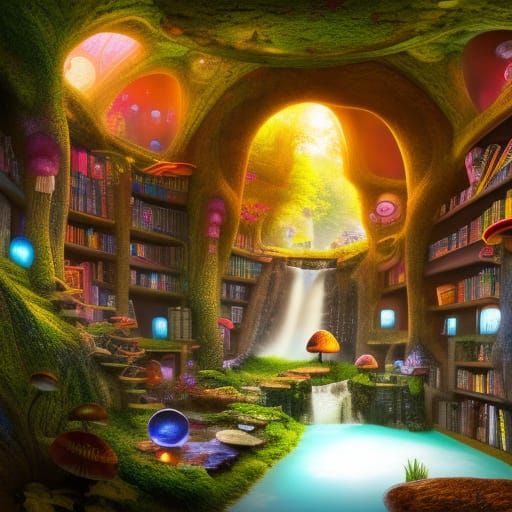 Cozy Mushroom House Library with Sapphire Lagoon