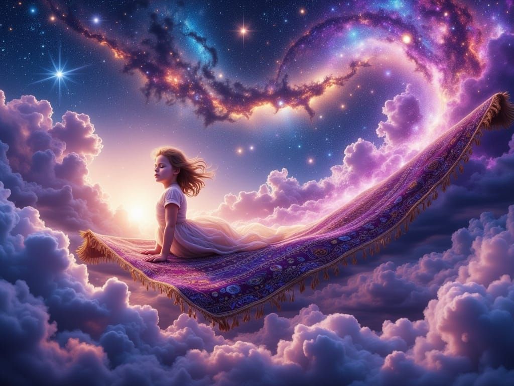 Girl's Magical Carpet Ride Through Dreamlike Sky