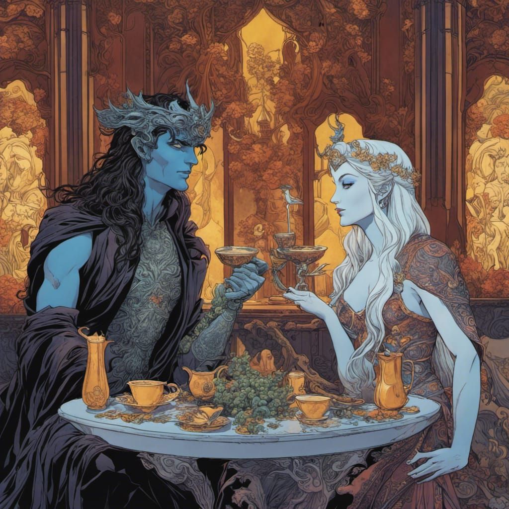 Hades and Persephone Date in Coffee Shop, Digital Art