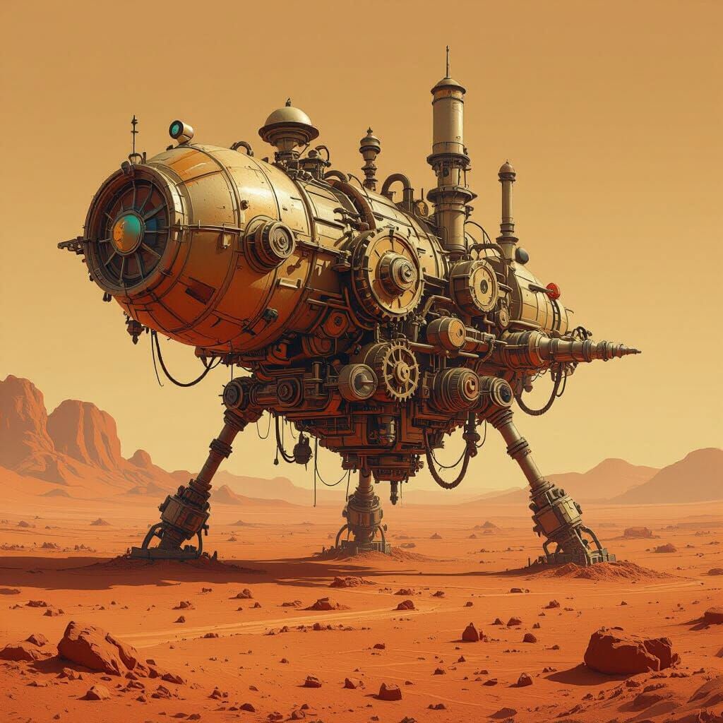 Steampunk Contraption on Mars in Retro-Futuristic Style
