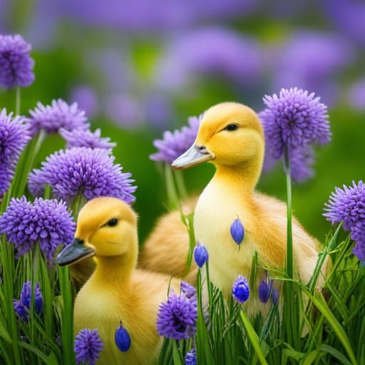 Ducklings in a Field of Purple Flowers