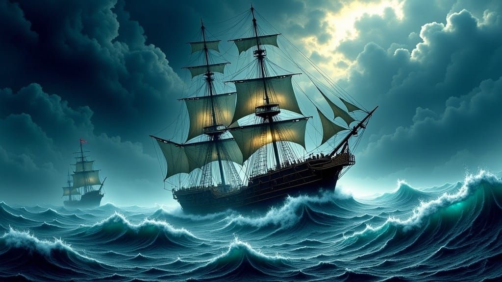 Frigate Ship Versus Raging Storm, Romantic Seascape