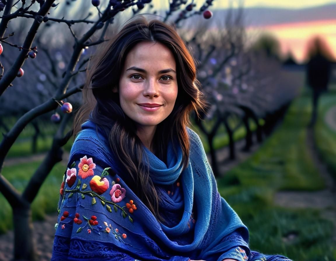 Chiaroscuro Portrait of Woman in Orchard at Twilight
