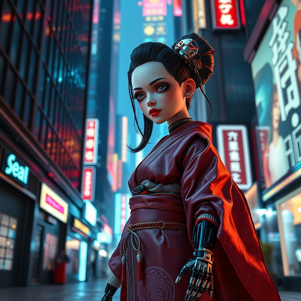 Cyberpunk Geisha BJD Doll in Neon-Lit Alleyway