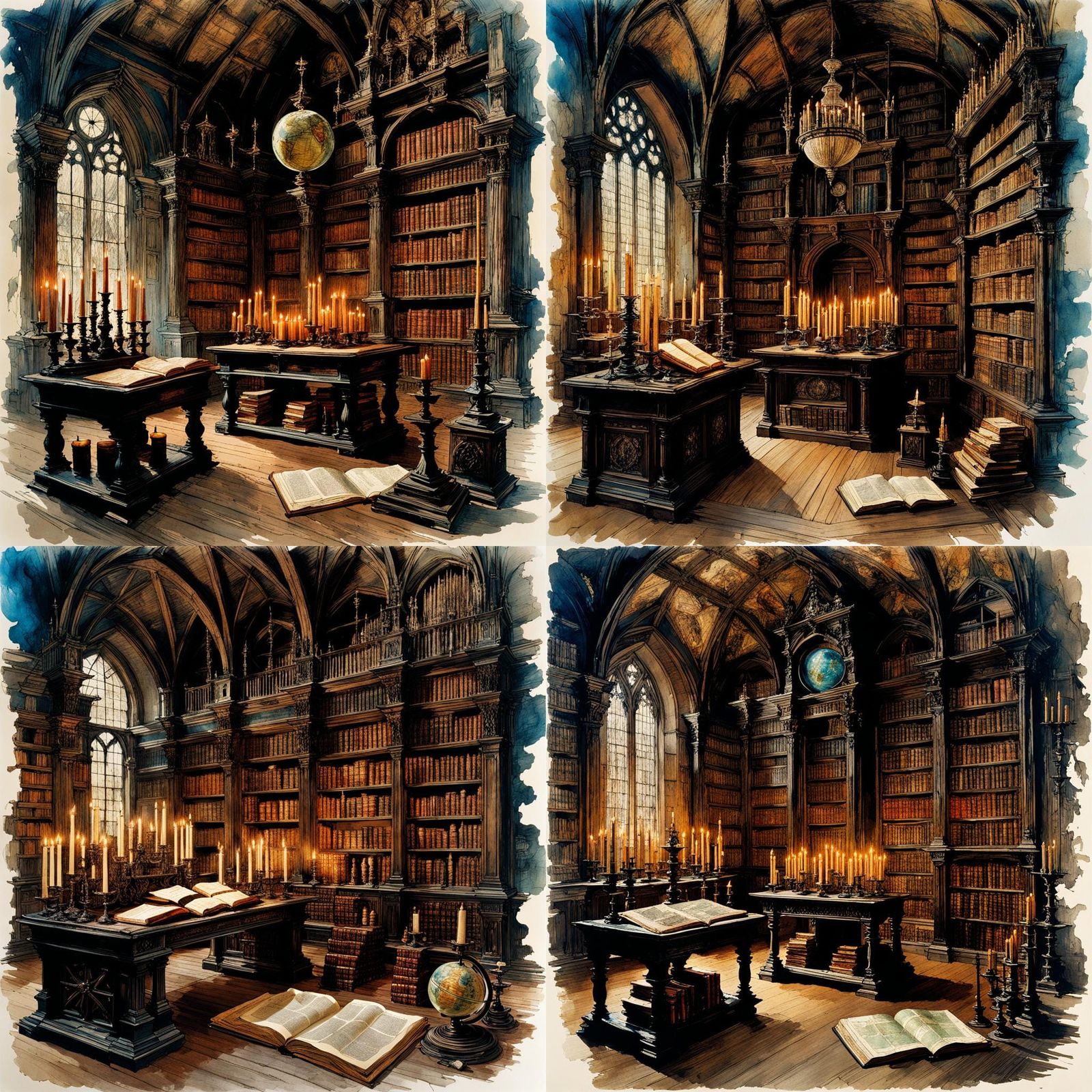 Ancient Monastery Library with Maps and Candlesticks