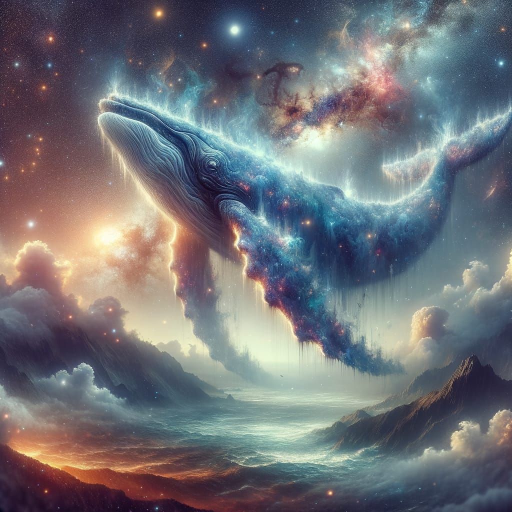 Cosmic Whale Breaching Nebulae Sea in Surreal Style