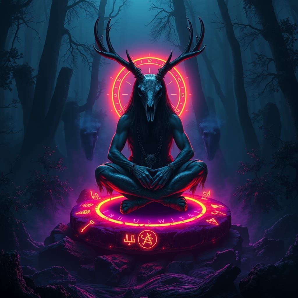 Pagan Shaman Summons Energy in Dark Fantasy Forest