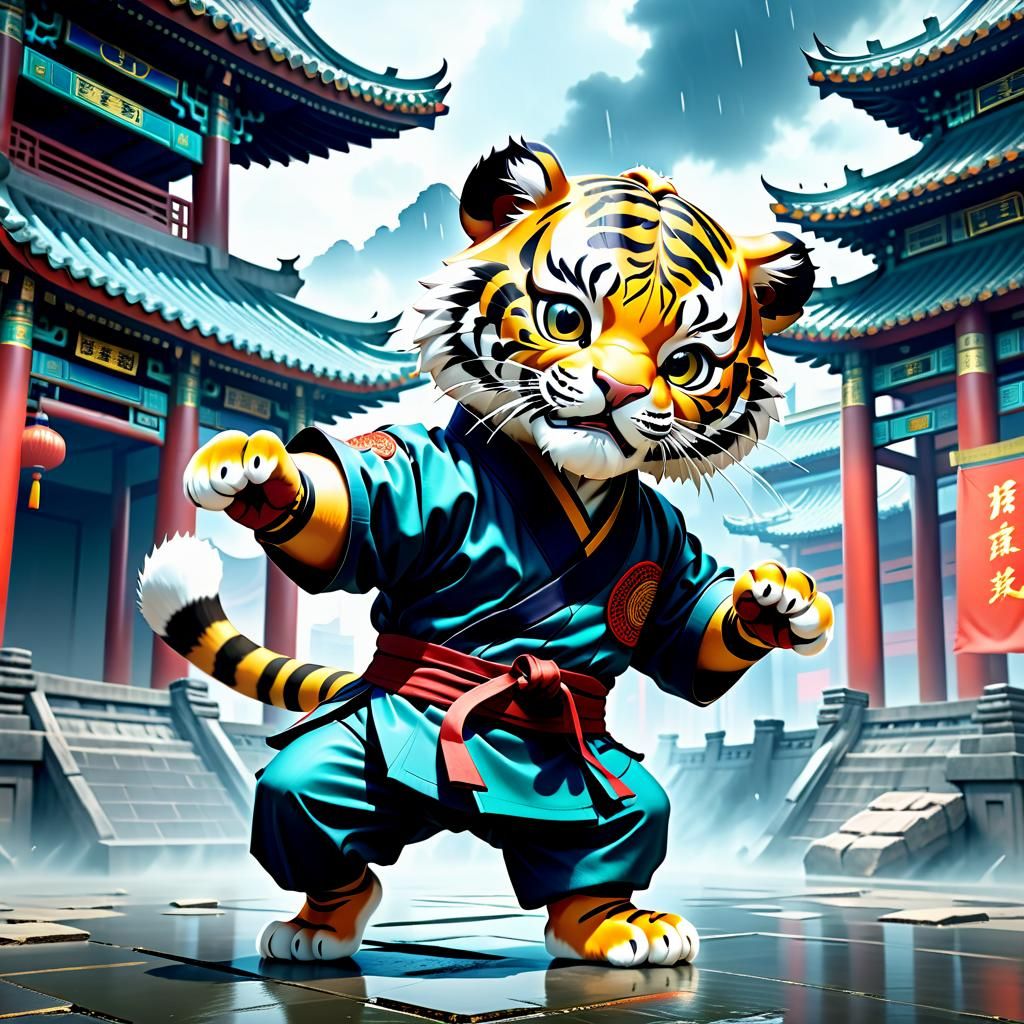Future tokyo scene of baby catroon tiger in chinese cloth kung fu fighting