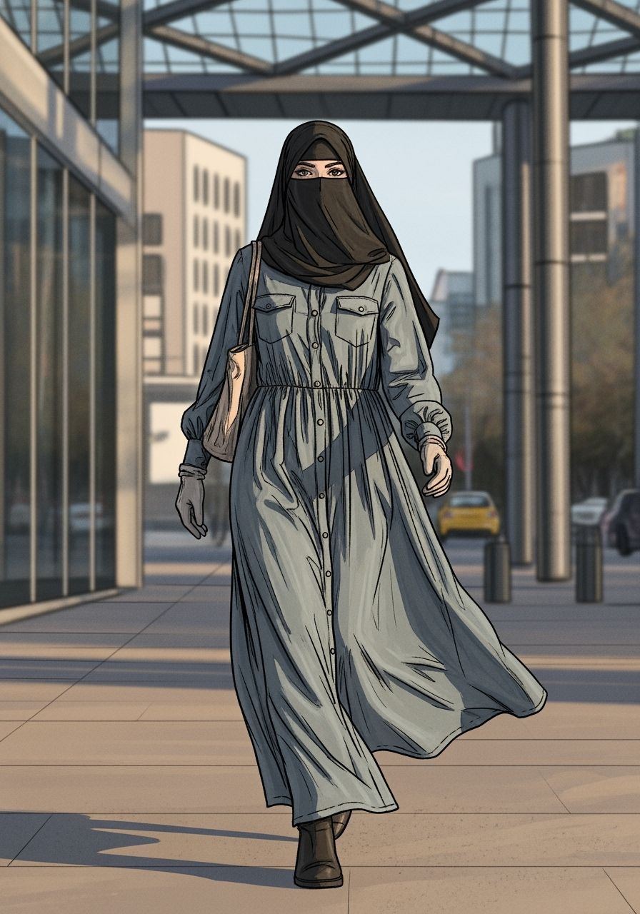 Niqabi Woman in Cityscape, Graphic Novel Style