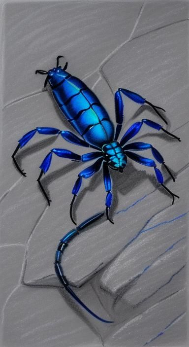 Electric Blue Scorpion on Stone Wall as Pastel Drawing