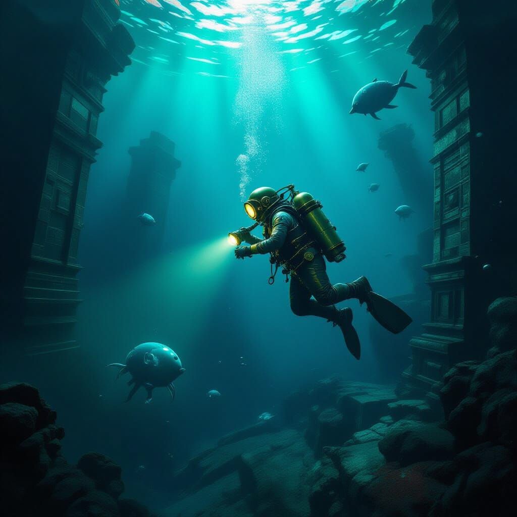 Steampunk Explorer Descends into Abyssal Trench Ruins