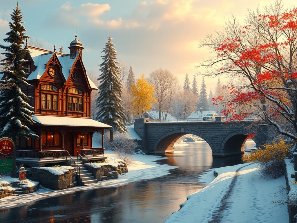 Victorian Coffee Shop on a Snowy Riverbank