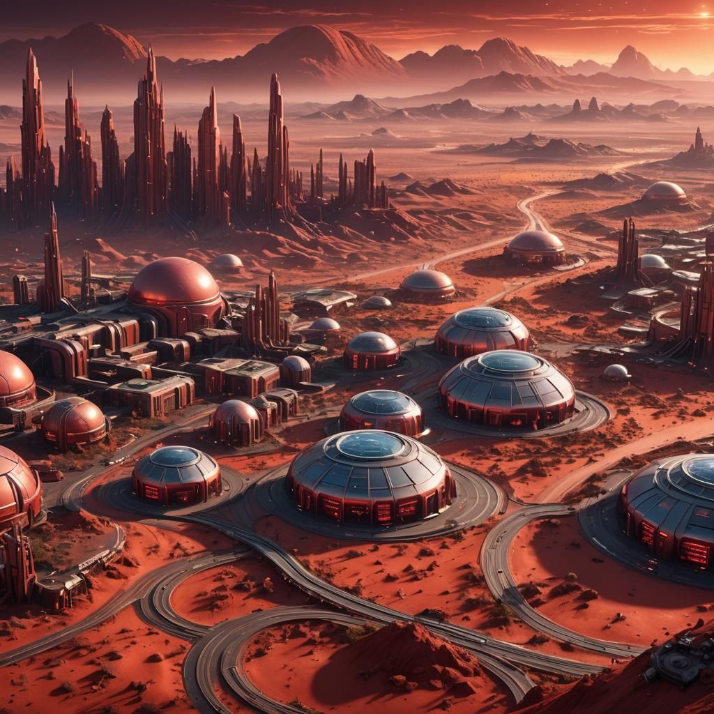 Martian Cityscape at Sunset: Futuristic Digital Matte Painti...