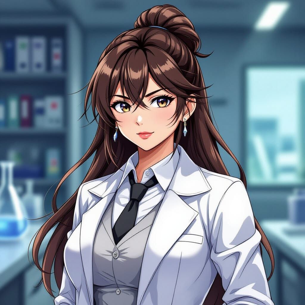 Female Scientist in Silver Mafia Suit, Anime Style