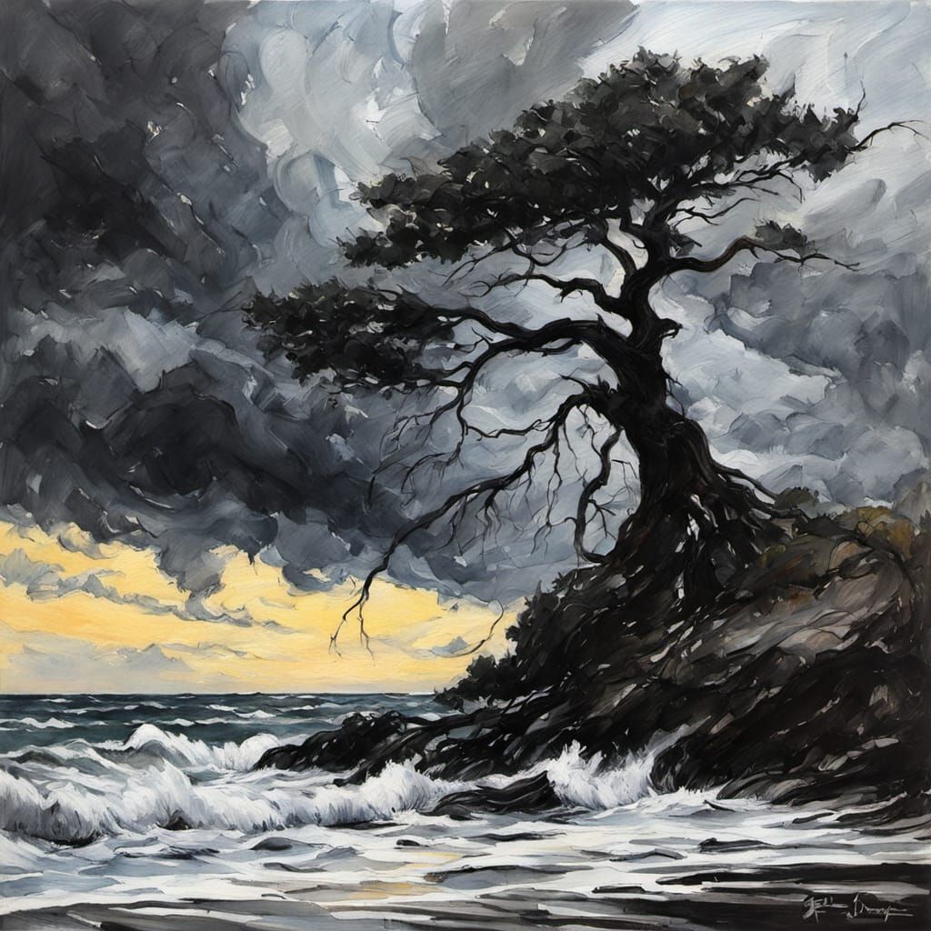 Stormy Seascape with Silhouetted Trees as Oil Painting