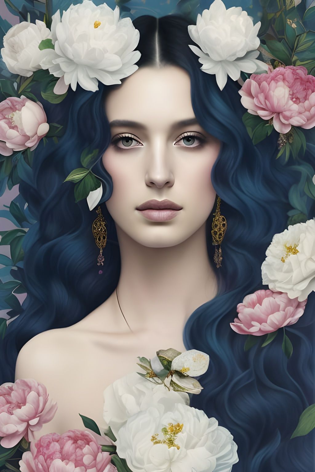 Goddess Portrait with Peonies and Full Moon