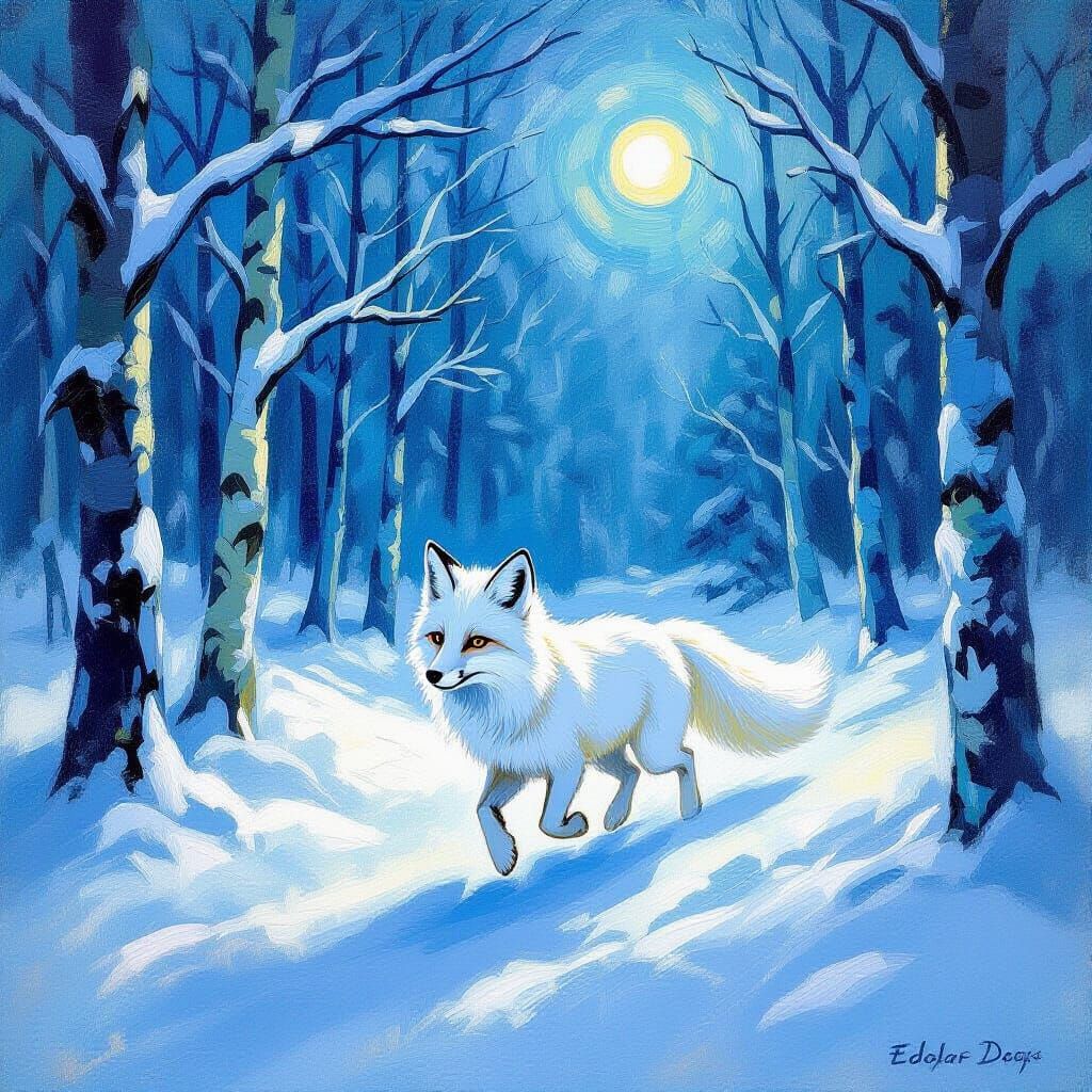White Fox in Snowy Forest, Oil Pastel Style