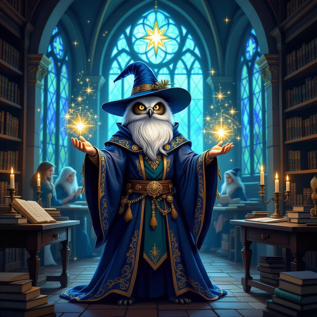 Wise Owl Wizard Teaches Magic at School