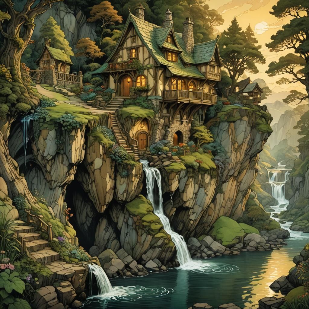 Leprechaun Visits Cliffside House in Whimsical Fantasy Art