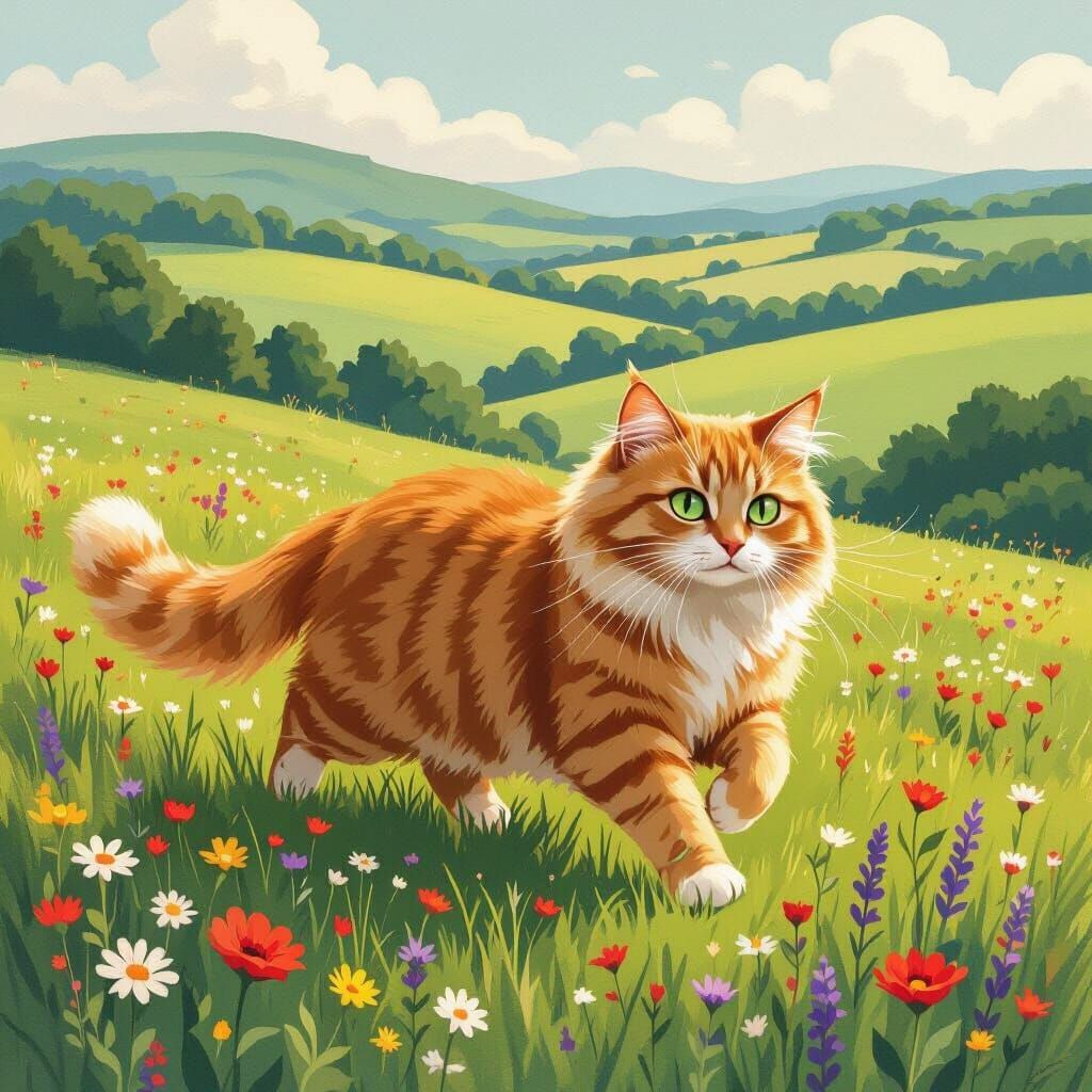 Giant Ginger Cat Gallops Through Wildflower Meadow