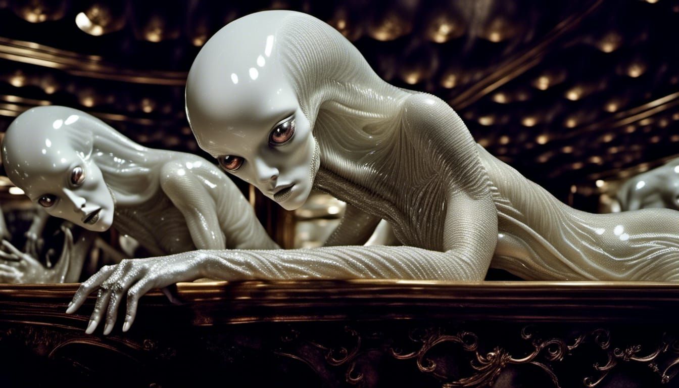 Surreal Alien People and Pets in Dreamy Landscape