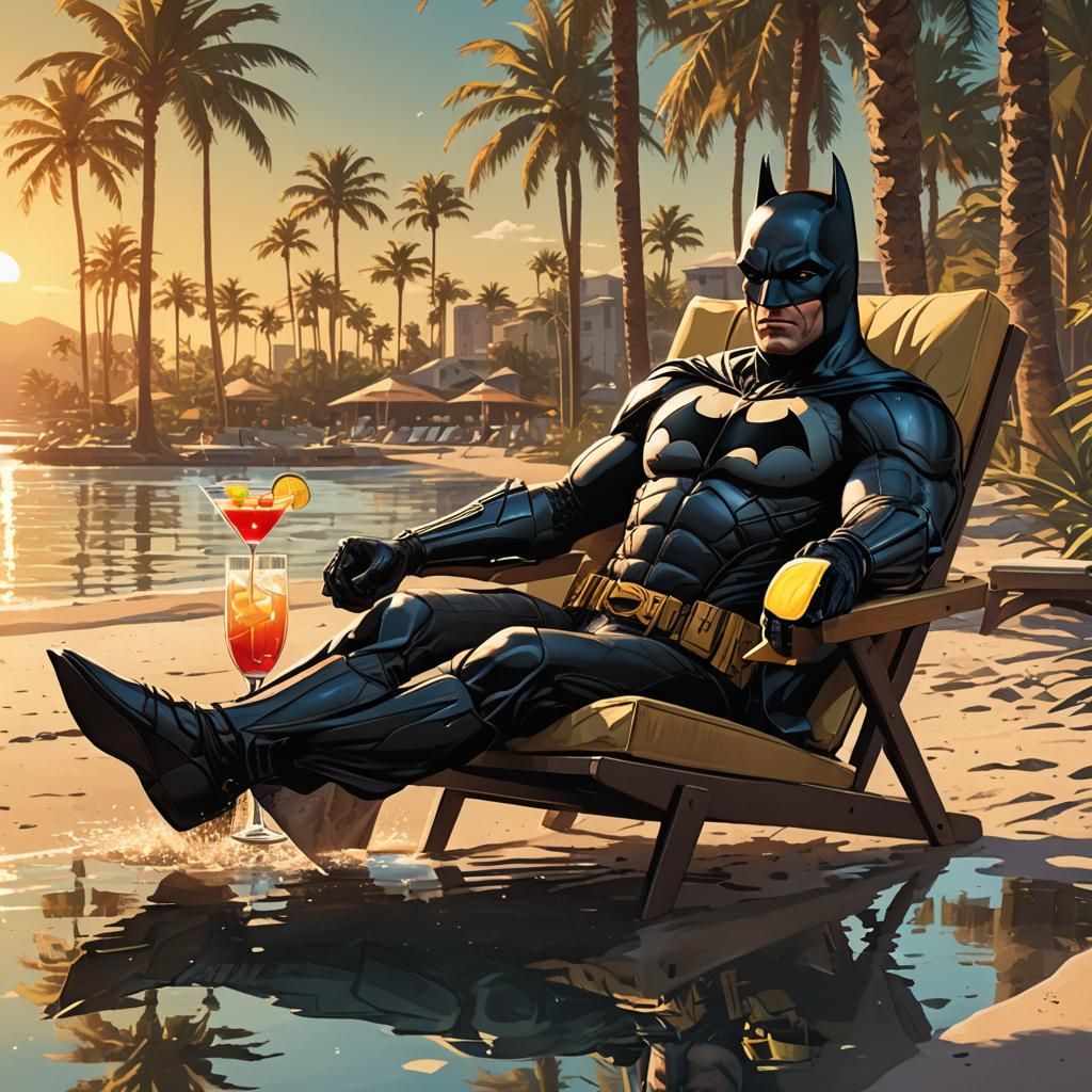 Batman Sunbathing on Tropical Beach in Comic Book Style