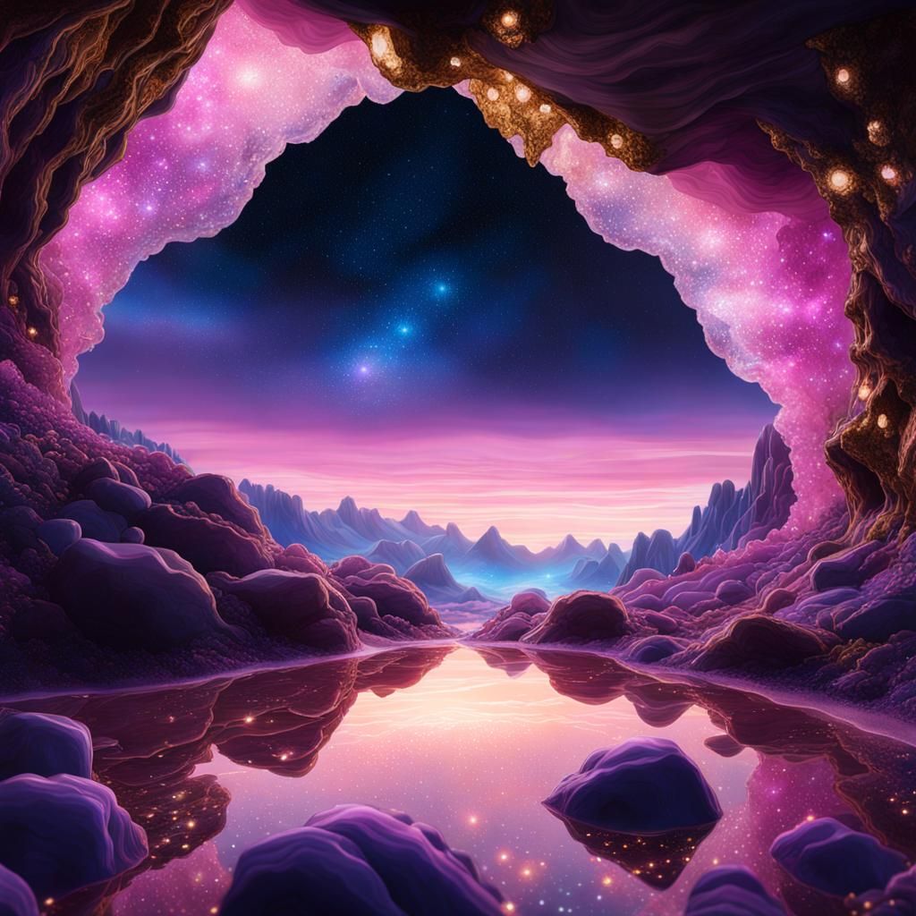 Bioluminescent Amethyst Cavern Under Starry Sky