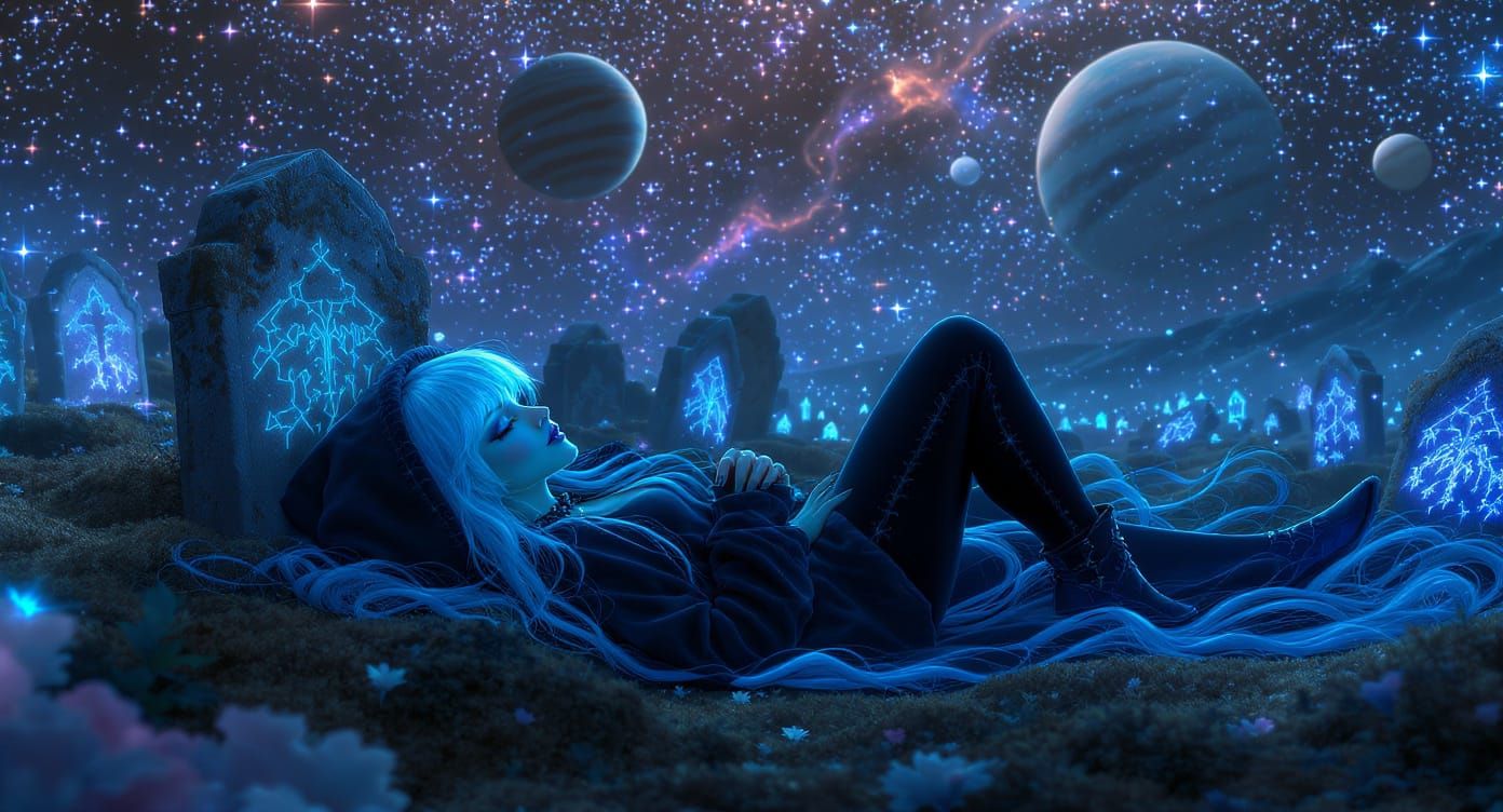 Gothic Girl Under Starry Sky with Bioluminescent Gravestones