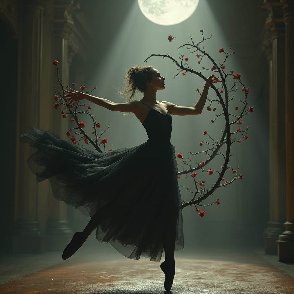 Dancer's Transformation Amidst Thorny Rose Vines in Moonligh...