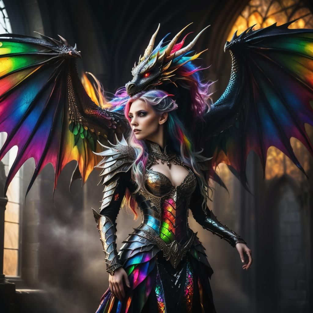 Gothic Dragon Woman Portrait with Rainbow Wings