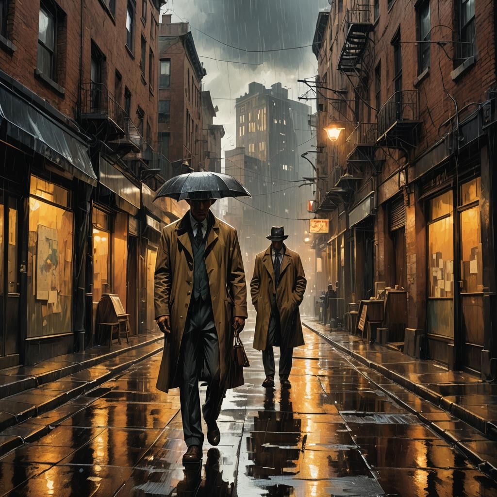 Detective in Rainy Alley: Film Noir Impressionism