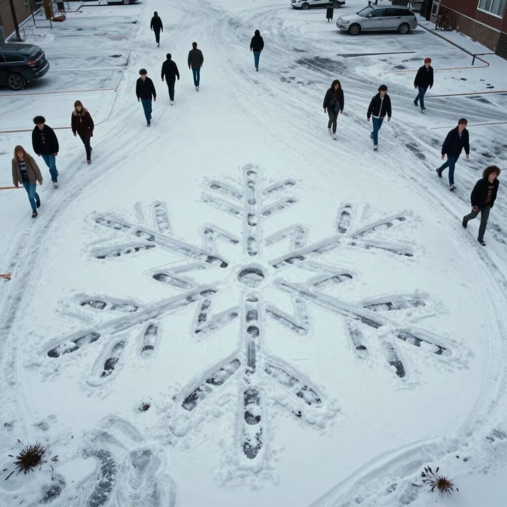 Snowy Footprints Form Snowflake Shape in Parking Lot