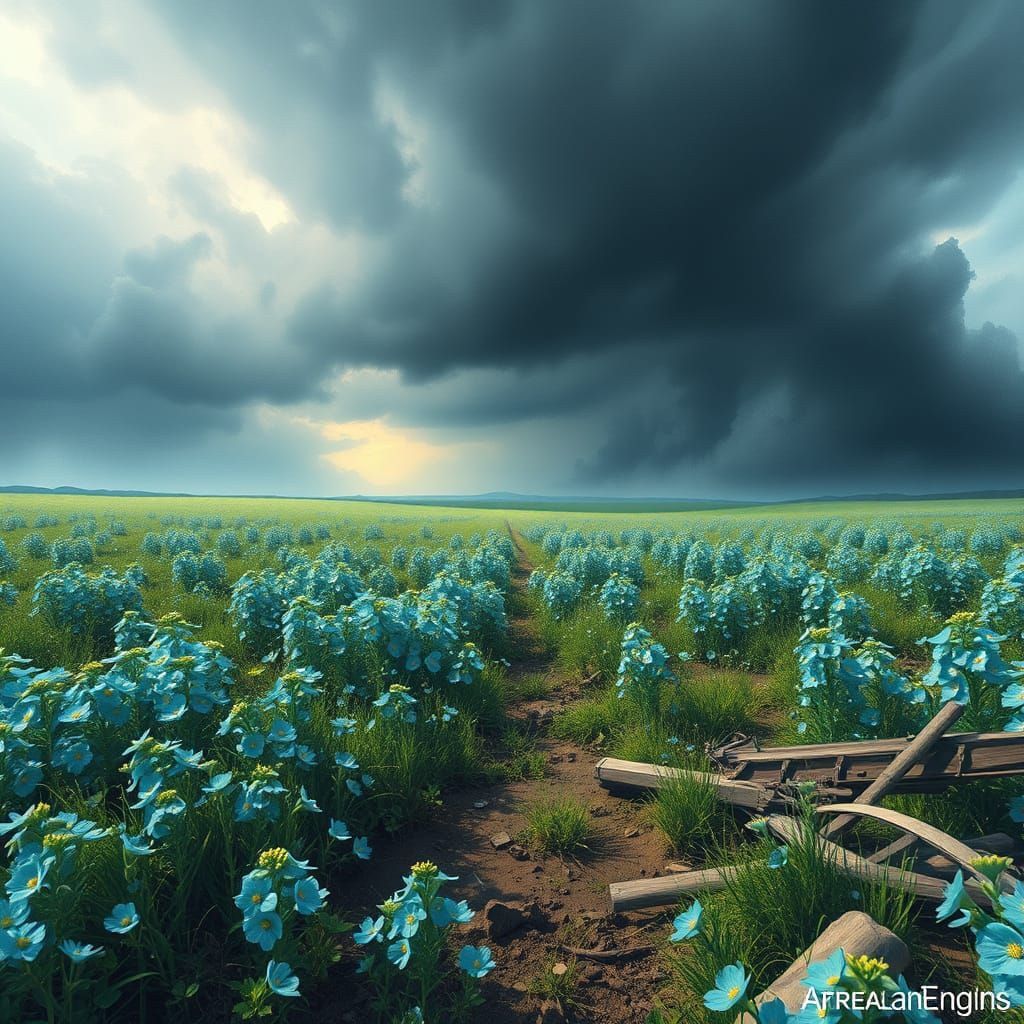 Vibrant War-Torn Field with Blue-Green Flowers